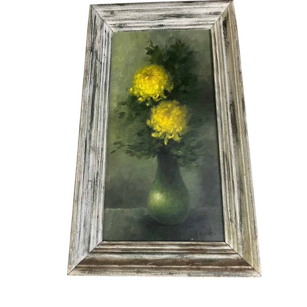 Vintage Richter Signed Flor Oil Painting Yellow Chrysanthemums Green Vase Framed